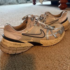 Nike V2K Run Sneakers in white silver and navy.